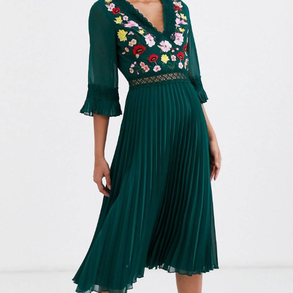 ASOS DESIGN lace insert pleated midi dress with embroidery